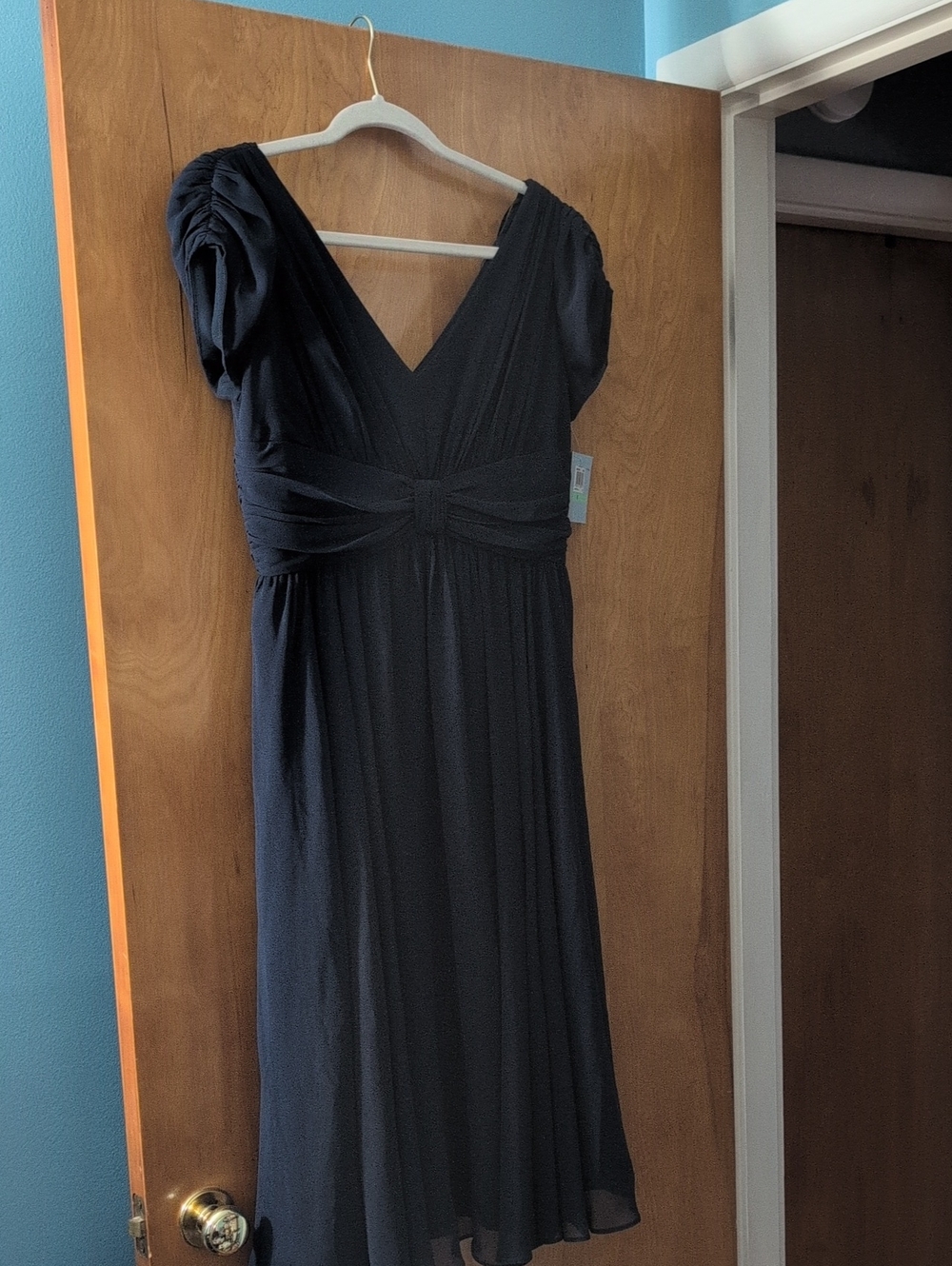 Suzi Chin for Maggy Boutique Navy V‑Neck Midi Dress with Gathered Shoulders